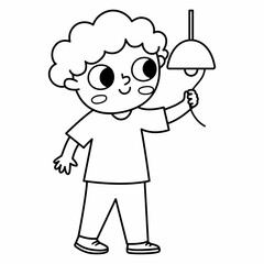 Black and white boy saving energy icon. Cute line eco friendly kid. Child turning of the light. Earth day or healthy lifestyle concept or coloring page.