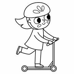 Black and white girl riding a scooter in helmet icon. Cute line eco friendly kid. Child using alternative transport. Earth day or healthy lifestyle concept or coloring page.