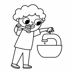 Black and white boy saving water icon. Cute line eco friendly kid. Child turning of the water tap while brushing teeth. Earth day or healthy lifestyle concept or coloring page.