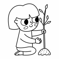 Black and white girl seeding plant icon. Cute line eco friendly kid. Child planting a tree. Earth day or healthy lifestyle concept or coloring page.