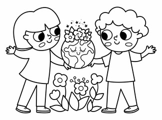 Cute black and white eco friendly kids holding smiling earth in hands. Line boy and girl caring of planet and environment. Earth day illustration. Ecological vector coloring page with children.