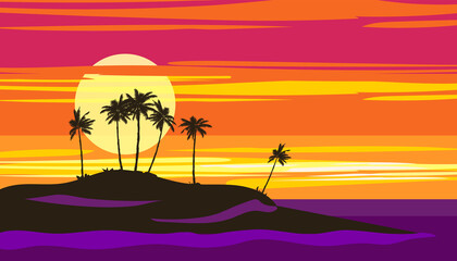 Fototapeta na wymiar Tropical sunset summer beach landscape. Exotic scene, palms silhouette, sundown, ocean, sea banner
