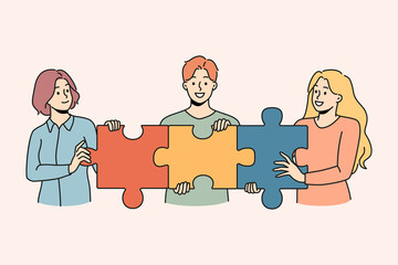 Happy people connect jigsaw puzzle together show shared business goal and motivation. Employees demonstrate cooperation and teamwork. Vector illustration.  - obrazy, fototapety, plakaty