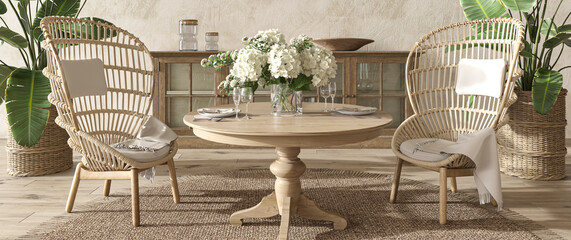 Coastal design dining room with palm plants. Cozy home interior background. Hampton style 3d render illustration. Web banner.
