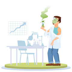 Man with test tube in hand. Crazy chemist with failed experiment. Mad scientist. Evil genius. Illustration for internet and mobile website.