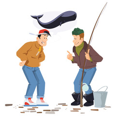 Fisherman boasts catch to his friend. Successful fishing. Braggart man. Illustration for internet and mobile website. - obrazy, fototapety, plakaty