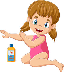 Cartoon little girl in a swimsuit applying sunscreen lotion on her arm