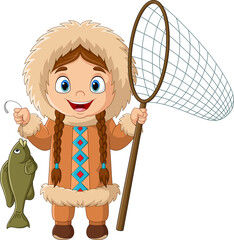 Cartoon eskimo girl catching a fish with net - obrazy, fototapety, plakaty