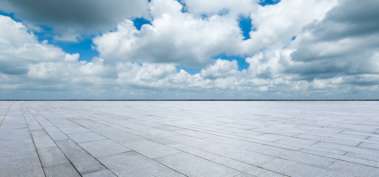 Panoramic view of city square floor and sky cloud background