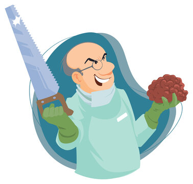 Mad doctor with brain in his hand. Evil genius. Illustration for internet and mobile website.