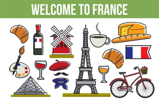 Travel agency brochures French culture and symbols architecture and cuisine vector