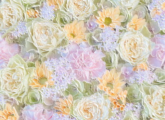 Cloisonne-like floral reliefs (roses, carnations, hydrangeas). 3D illustration. 3D render