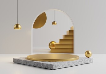  Empty stage illuminated by Hanging Golden spot light, Golden stair and golden podium on Marble Basement and white background
