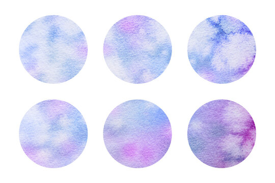 Round watercolor stickers set isolated on white background. Blue pink abstraction with spots and strokes