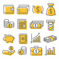 Money icons set on white background