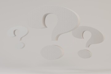three-dimensional question marks in white on a white background. 3d render. 3d illustration