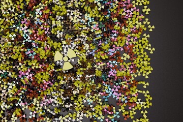 abstract background. patterns of small multi-colored radiation particles with a large yellow radiation symbol on a black background. 3d illustration. 3d render