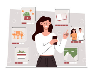 Life balance concept. Girl with smartphone evaluates her achievements and progress in various areas of life. Talented employee, athlete, loving wife and traveler. Cartoon flat vector illustration