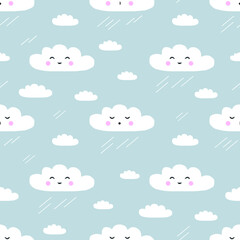 Vector seamless pattern with rain and clouds in cartoon style. Rain clouds characters