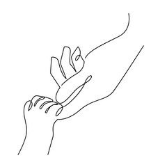 Baby child holding adult hands continuous line drawing. Vector illustration on white background