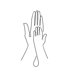 Baby child holding adult hands continuous line drawing. Vector illustration on white background