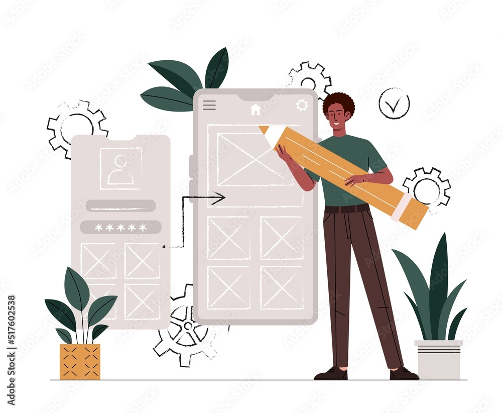 Wall mural mobile ux concept. man with pencil designs graphic elements for smartphone. interface of mobile appl