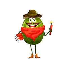 Cartoon feijoa bandit character with dynamite, vector kids fruit personage. Western ranger or wild west cowboy raider feijoa fruit in robber kerchief scarf and TNT dynamite