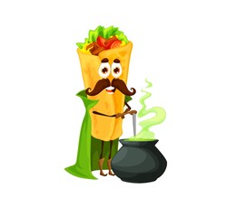 Cartoon mexican burrito mage character with magic potion pot. Fast food meal funny sorcerer personage, comical burrito wizard or sorcerer vector character cooking magic potion on cauldron