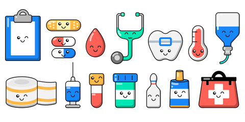 Kawaii style medicine kit, prescription, plaster, pill, blood, stethoscope, tooth, thermometer, IV, bandage, syringe, test tube, ointment, medicine cabinet, ampoule, vitamins. Vector cartoon medicine.