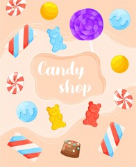 Sweets store poster. Advertising banner for sweets shop, internet promotion and online marketing. Wallpaper with candies and lollipops, cupcakes and gummy bears. Cartoon flat vector illustration