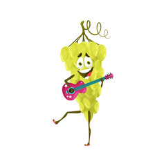 Cartoon cheerful grape musician character with guitar. Funny and happy smiling fruit character, ripe bunch of grapes isolated vector personage playing on guitar musical instrument