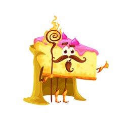 Cartoon cheesecake wizard character. Cute dessert sorcerer personage with magic scepter. Happy smiling cake piece, fast food cage sweet pastry isolated vector mage character with scepter