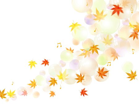 ポップな虹色シャボン玉と音符と紅葉のかわいい秋のイメージの手描き壁紙素材イラスト