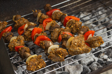 Cooking meat skewers on barbecue grill at outdoor summer party.