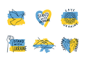 Set of doodles with support Ukraine. Dove of peace, heart, sunflower, a sign of struggle against russian invasion. Support Ukraine, stand with Ukraine. Vector illustrations on the white background.