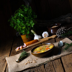 Classic pea soup with sausage and meat