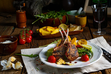 Lamb chops marinated in herbs with green asparagus and lime