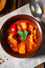 Hungarian goulash soup in a cauldron or pot