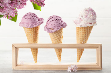 Berry ice cream in waffle cones