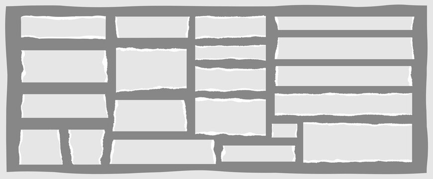 Edge grunge cardboard header background, blank ripped paper shred, rectangular torn newspaper scrap, white tear page strip, isolated rip notebook note, vector illustration set.