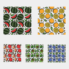 set of different seamless fruit patterns. doodle vector fruit background