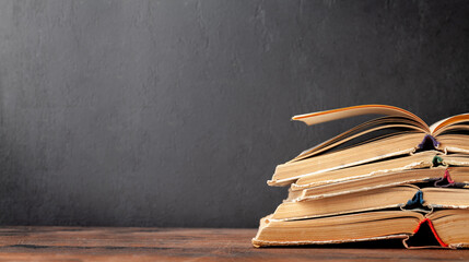 Old books on wooden table and blackboard