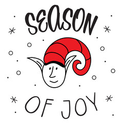 Merry Christmas avatars head elf or gnome and lettering SEASON of JOY. The xmas black and red vector illustration in doodle art style. Trendy hand drawn icons.