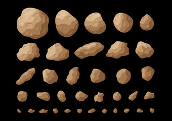 Cartoon space asteroids vector illustration set. Colorful collection of isolated space stones and asteroids, belt rocks and meteorites on black background for cosmic concept art. © moonnoon