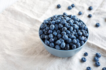 Raw Organic Blueberries in a Bowl, low angle view. Copy space.