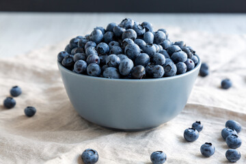 Raw Organic Blueberries in a Bowl, side view.