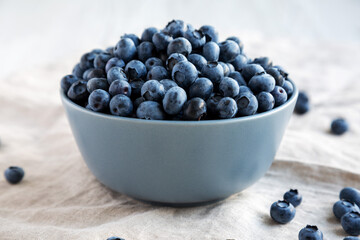 Raw Organic Blueberries in a Bowl, side view. Close-up.