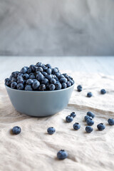 Raw Organic Blueberries in a Bowl, low angle view.
