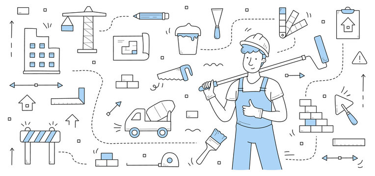 Construction and building doodle concept. Repair service worker in uniform with roller tool. Builder, repairman, renovation employee or foreman character with equipment, Line art vector illustration