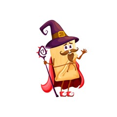 Cartoon tamales wizard character. Mexican food meal funny character in sorcerer or magician hat and cape, holding magical scepter. Fast food tamales mage vector personage with magic staff